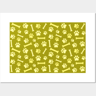 Pet - Cat or Dog Paw Footprint and Bone Pattern in Yellow Tones Posters and Art